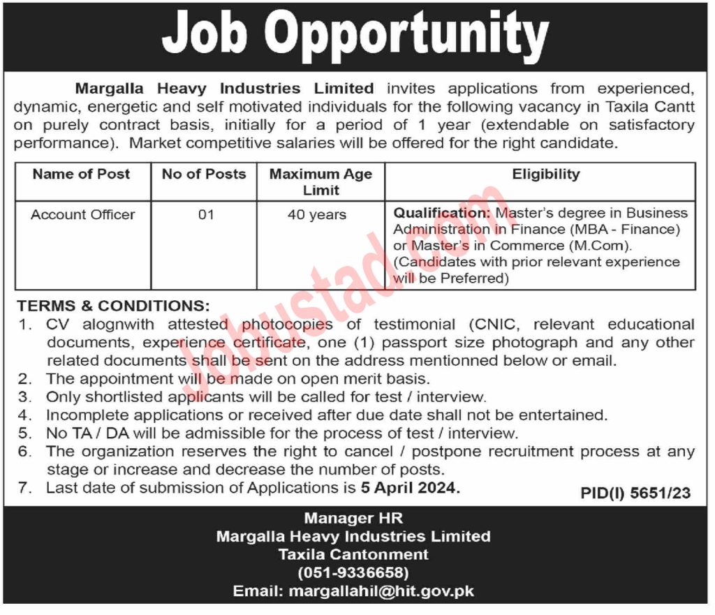 New Accounts Officers Jobs in Taxila cantt 