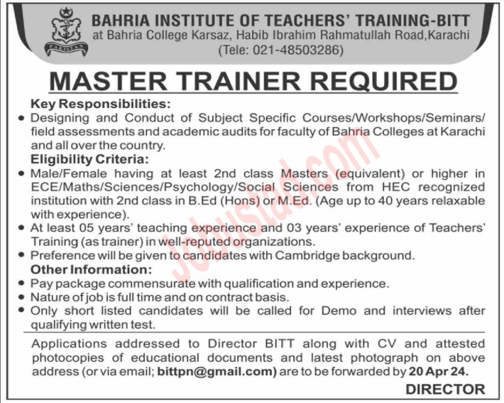 cLatest Bahria Insitute of Teacher Training Jobs in Karachi 