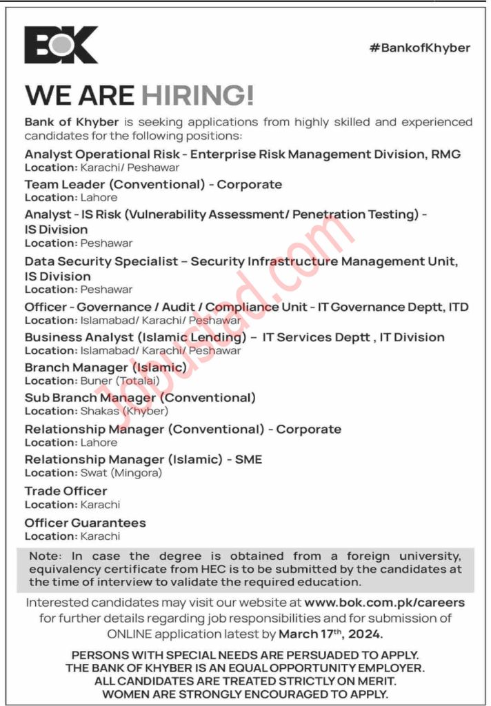 Latest Bank of Khyber BOK Jobs