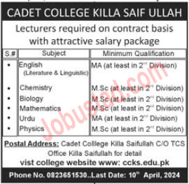 Latest Cadet College Jobs in Killa Saif Ullah 