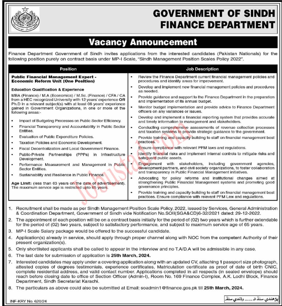 Latest Finance Department Sindh Jobs in Karachi 