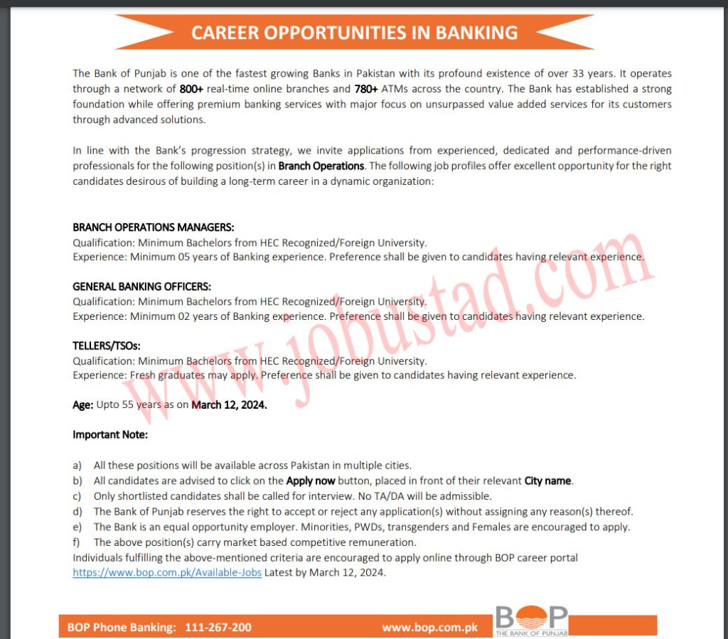 General Banking Officers Jobs in BOP Islamabad 