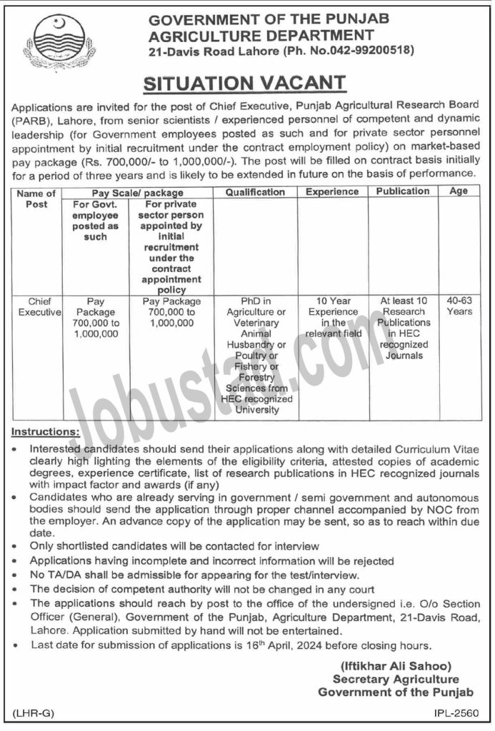 Latest Agriculture Department Punjab Jobs in Lahore April 2024 