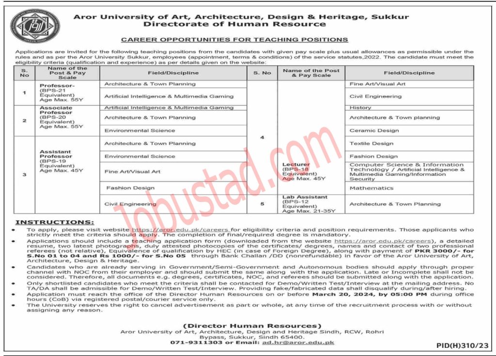 Latest Aror University of Art Jobs in Sukkur