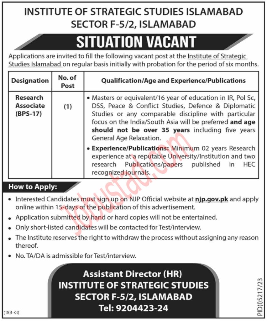 Latest Institute of Strategic Studies Jobs in Islamabad 