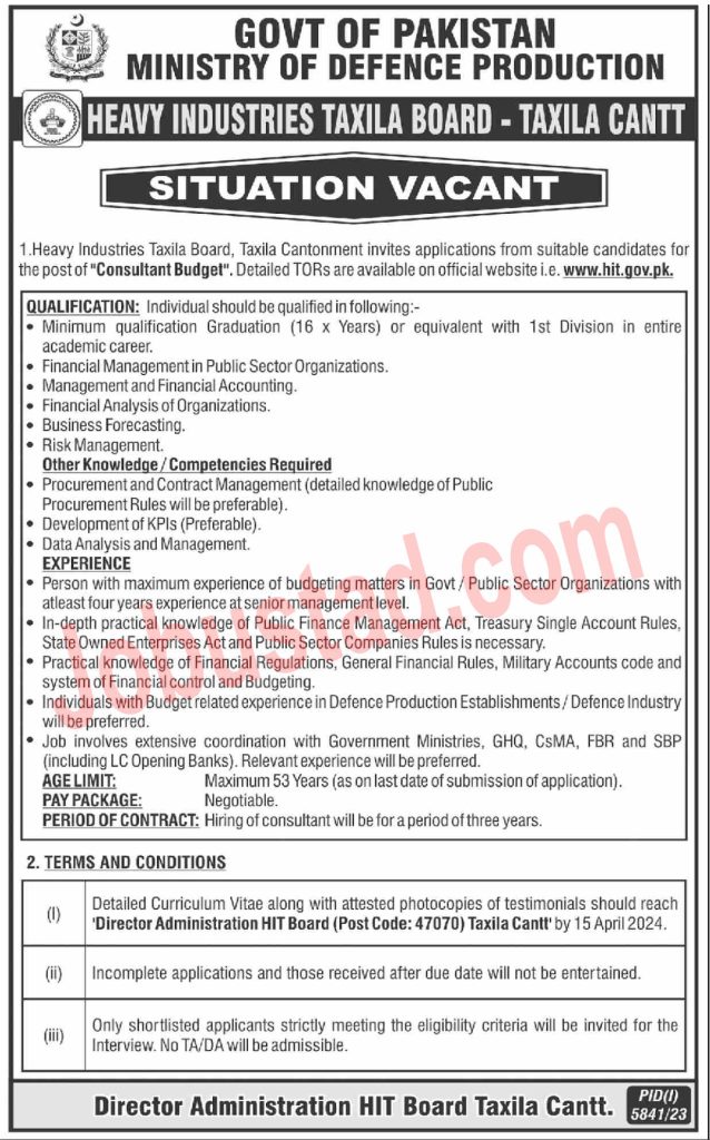 Latest Ministry of Defence Production Jobs in Taxila April 2024