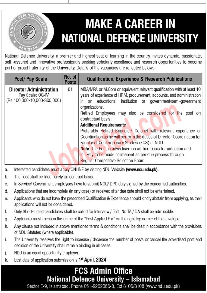 Latest NDU Jobs in Islamabad April 2024