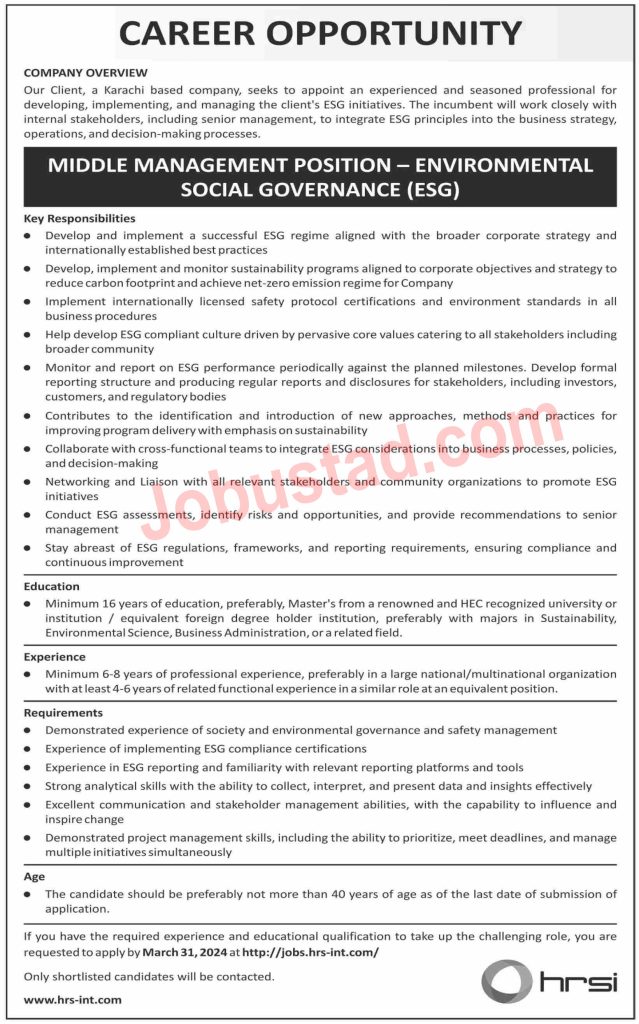 New HRSI Company Jobs in Karachi