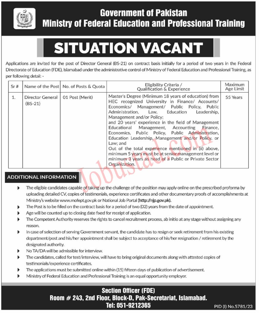 New Ministry of Federal Education & Professional Training Jobs in Islamabad April 2024 