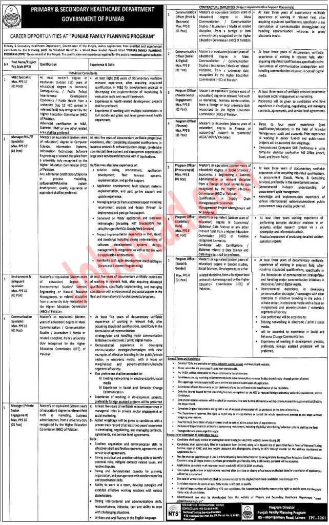 New Punjab Family Planning Programme Jobs in Lahore