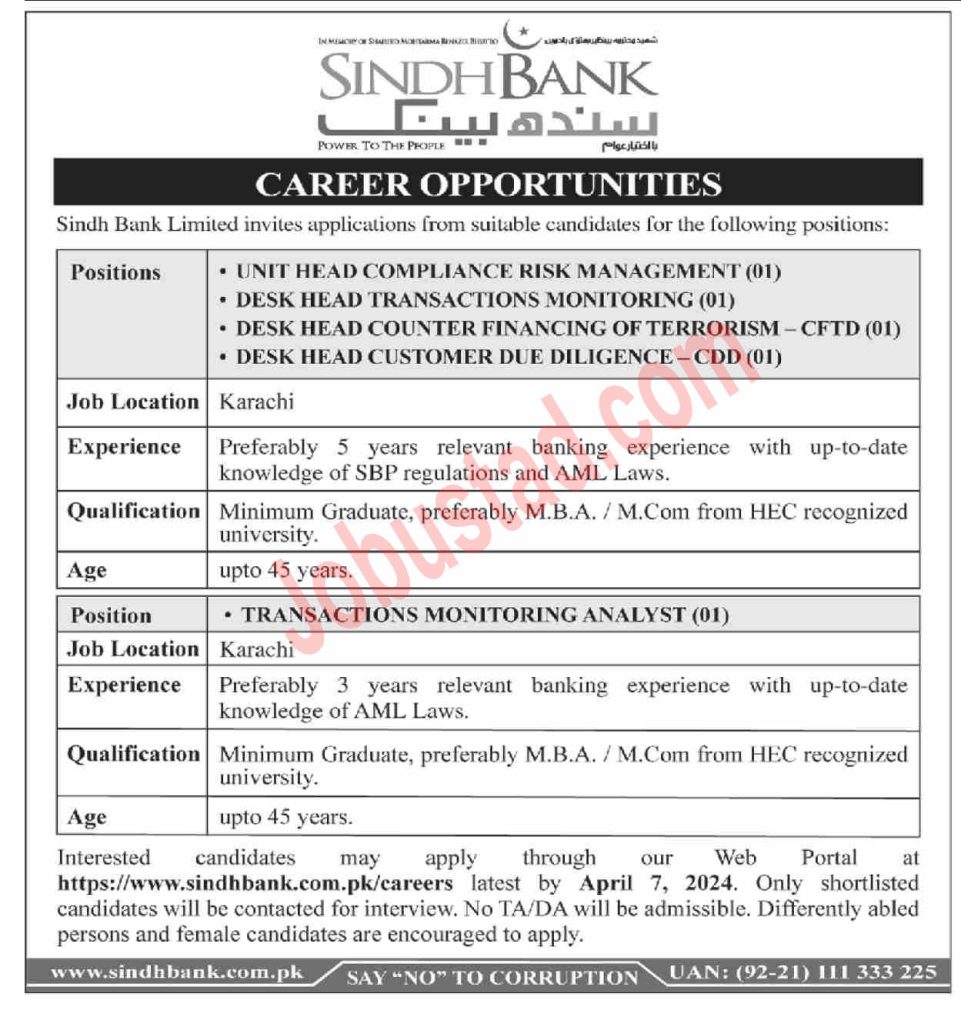 New Sindh Bank Jobs in Karachi Branch April 2024 