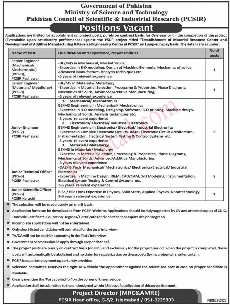 Latest PCSIR Jobs in Islamabad 