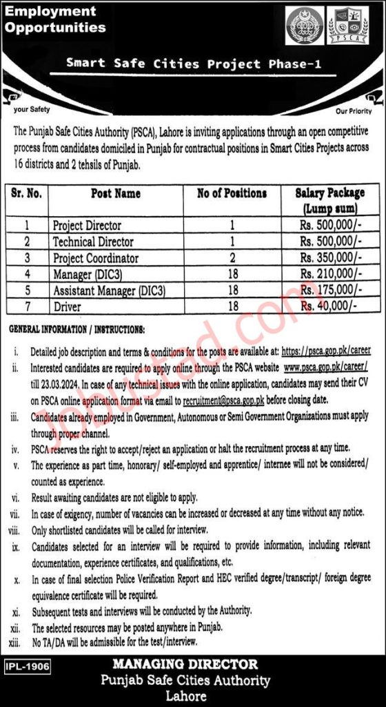 Latest PSCA Jobs in Lahore 
