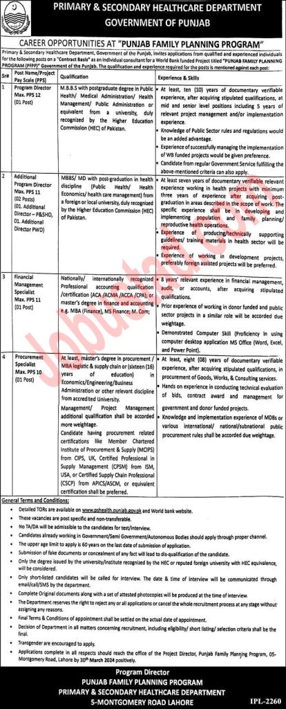 Latest Punjab Family Planning Program Jobs in Lahore 