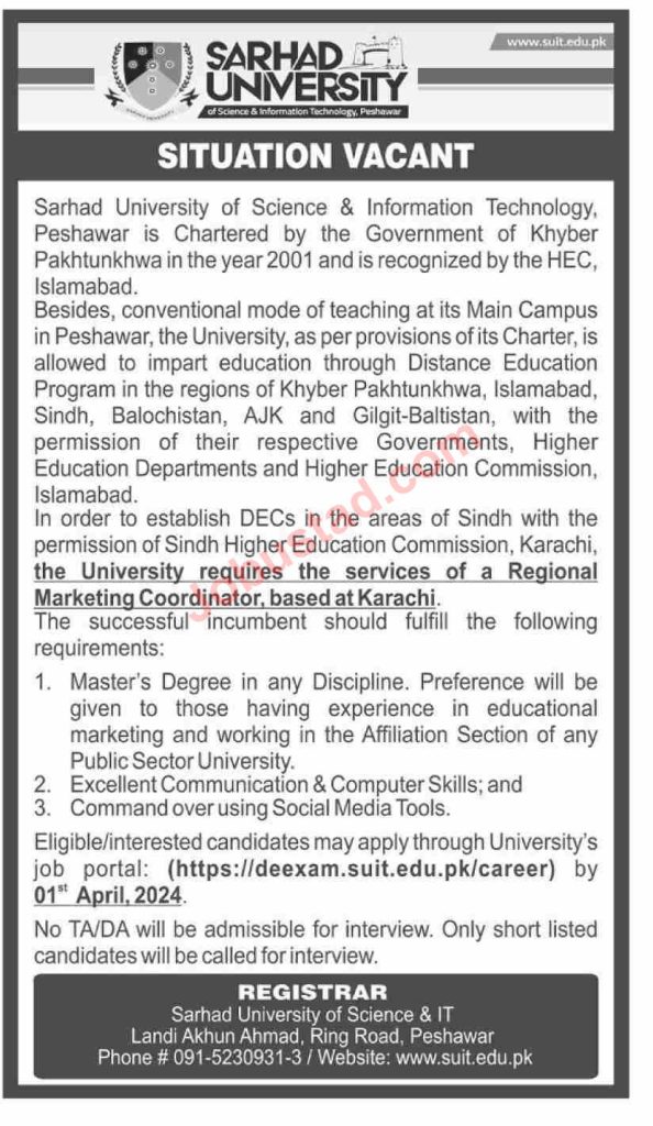 Sarhad University Jobs in Karachi 