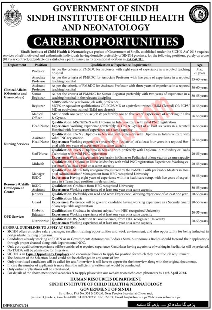 New Sindh Institute of Child Health & Neonatology Jobs in Karachi April 2024