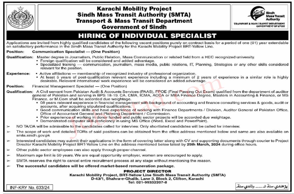 Latest Sindh Mass Transit Authority Jobs in Karachi