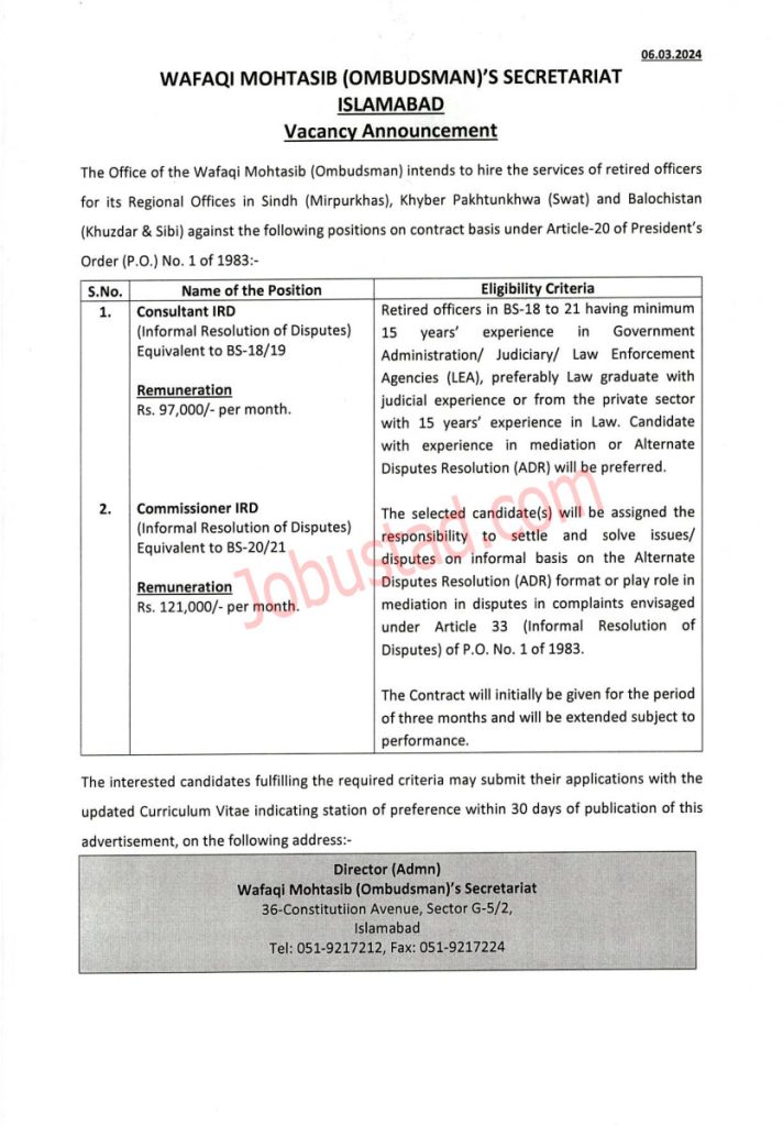 Latest Wafaqi Mohtasib Secretariat Jobs in Islamabad 