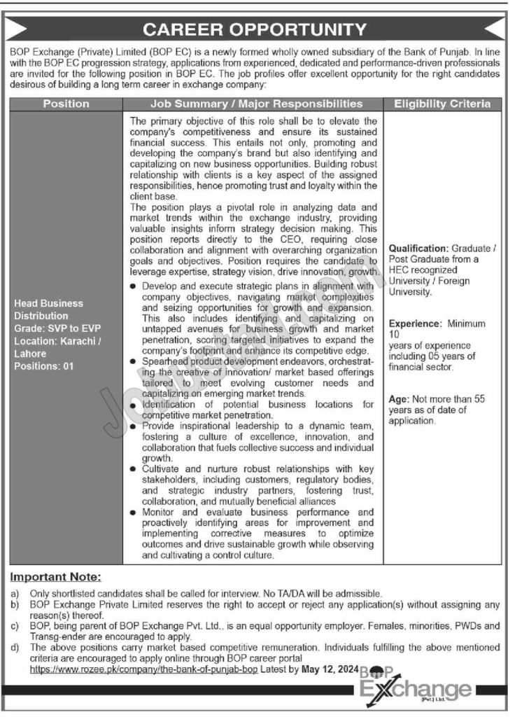 Latest Bank of Punjab Exchange Company Jobs in Lahore May 2024