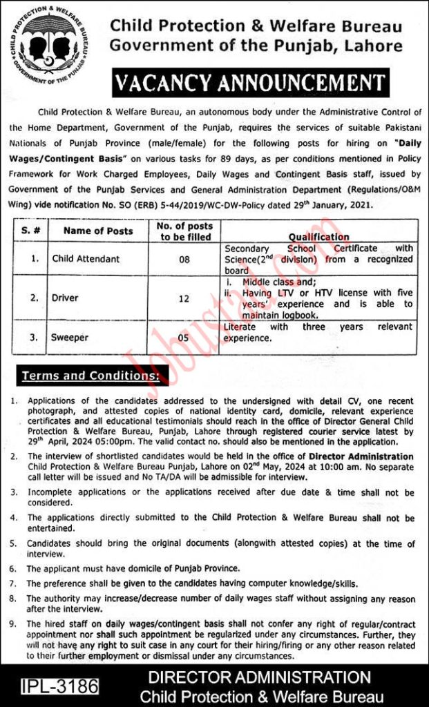 Child Protection & Welfare Bureau Jobs in Lahore April 2024