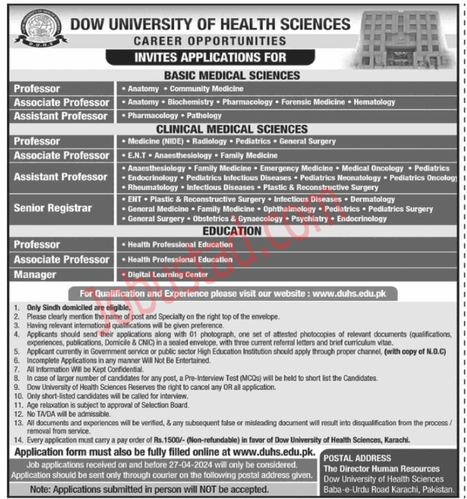 Latest Dow University of Health Sciences Jobs in Karachi April 2024