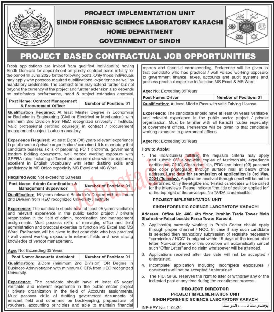 New Home Department Sindh Jobs in Karachi April 2024 