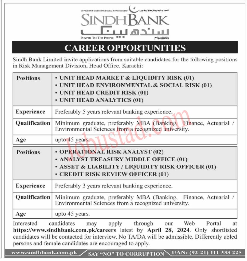 Jobs in Sindh Bank Limited Karachi April 2024 