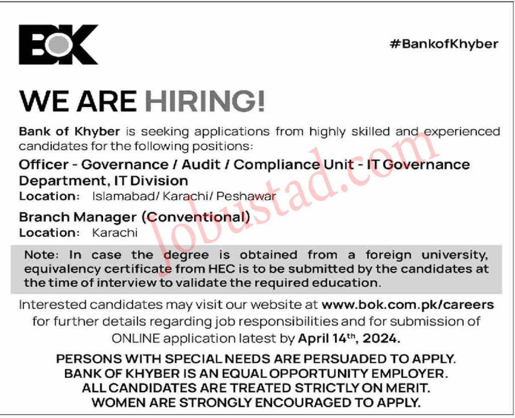 Latest Bank of Khyber Jobs in Karachi 