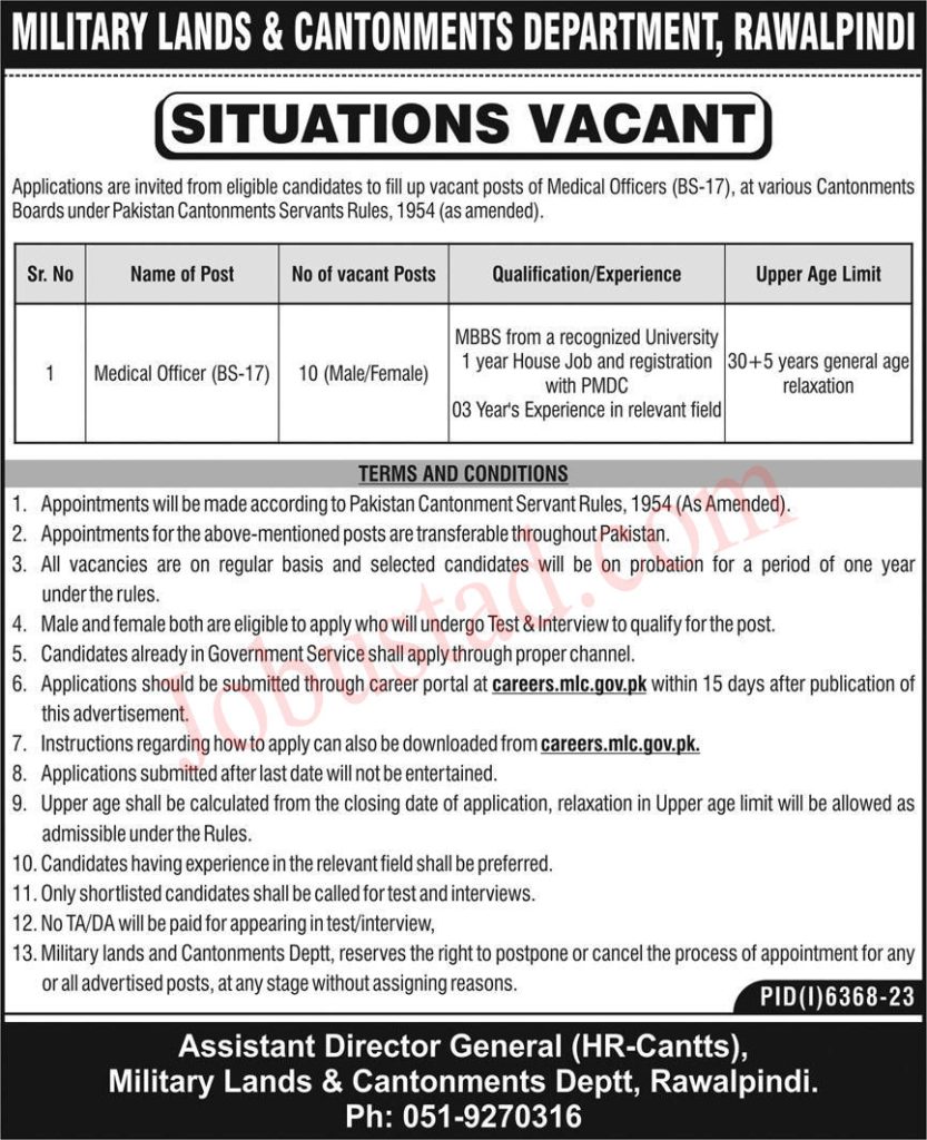 New Cantonment Board Jobs in Rawalpindi April 2024