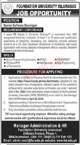 Latest FUI Jobs in Islamabad April 2024