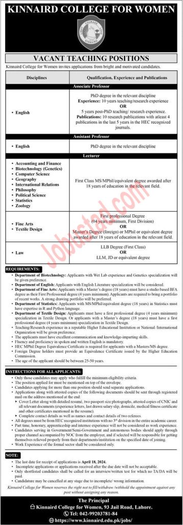 New Kinnaird College for Women Jobs in Lahore