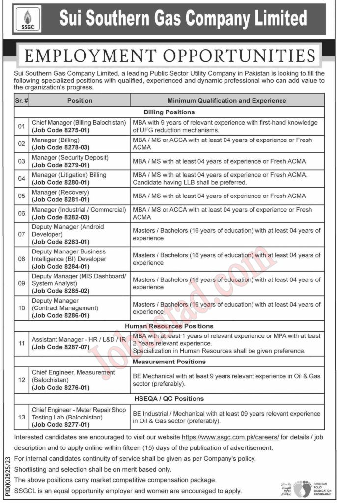 Latest Management Staff Jobs in SSGC Karachi April 2024
