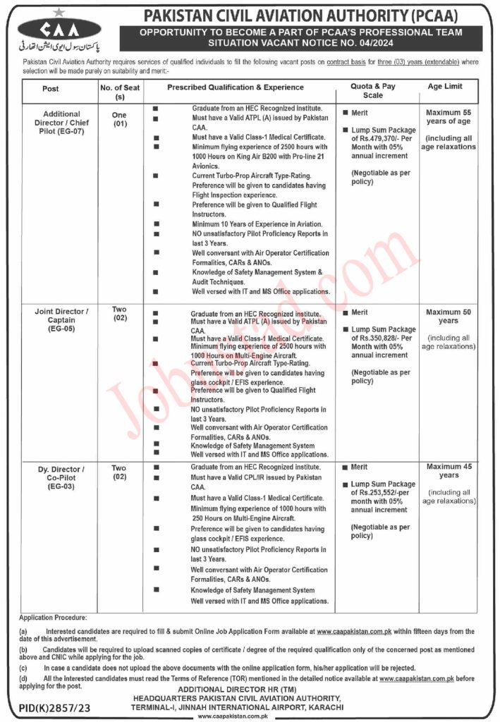 Latest Pakistan Civil Aviation Authority PCAA Jobs in Karachi April 2024 