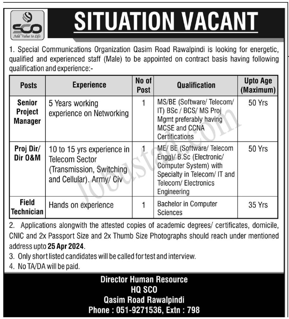 Latest SCO Jobs in Rawalpindi April 2024