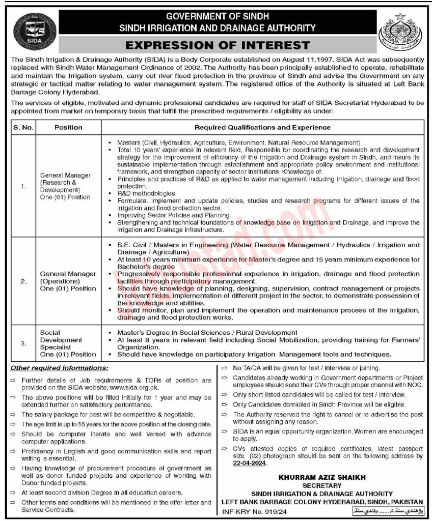 Latest Sindh Irrigation and Drainag Authority Jobs April 2024