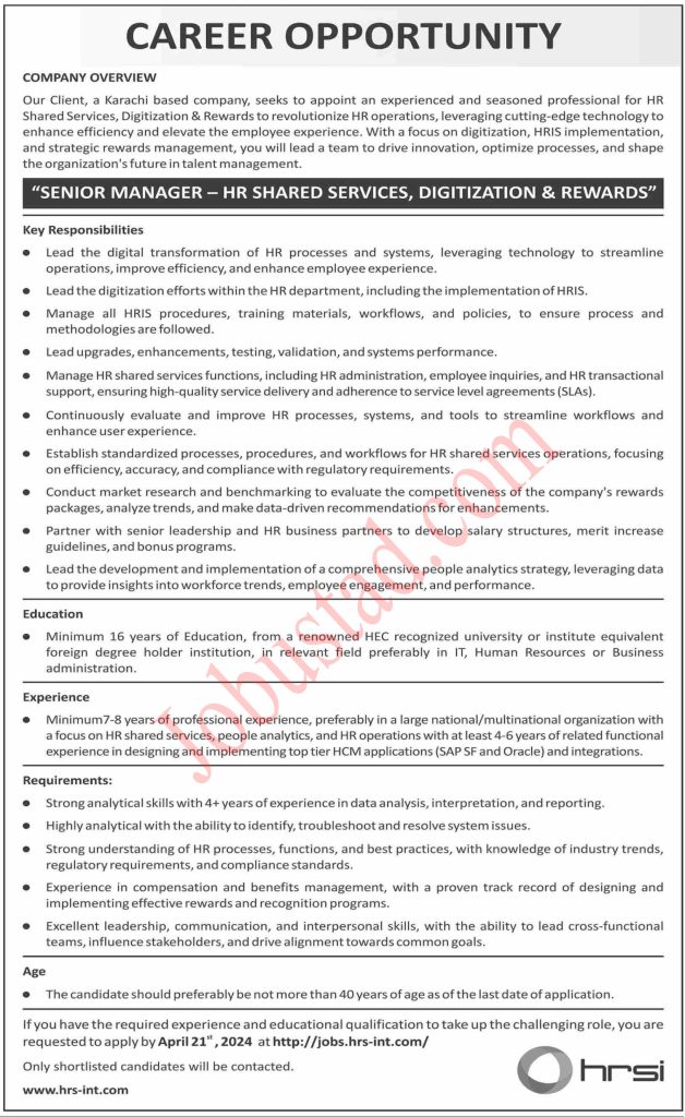 Latest Senior Manager Jobs in Karachi April 2024