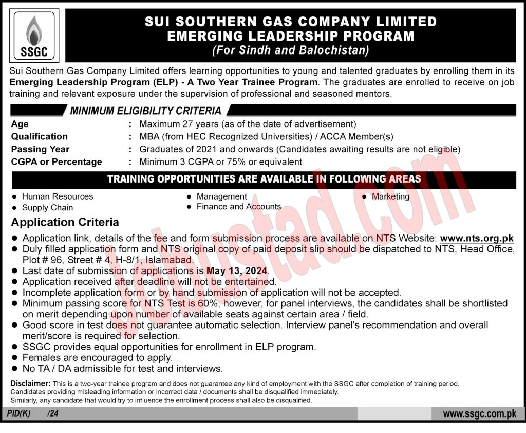 Latest Sui Southern Gas Company Limited Emerging Leadership Program May 2024 