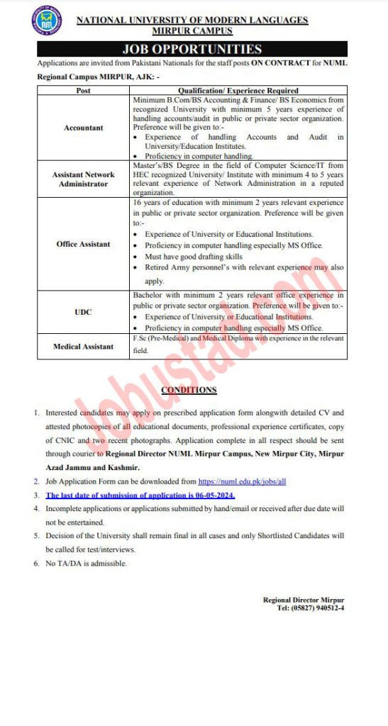 Latset NUML University Jobs in Mirpur Campus April 2024 