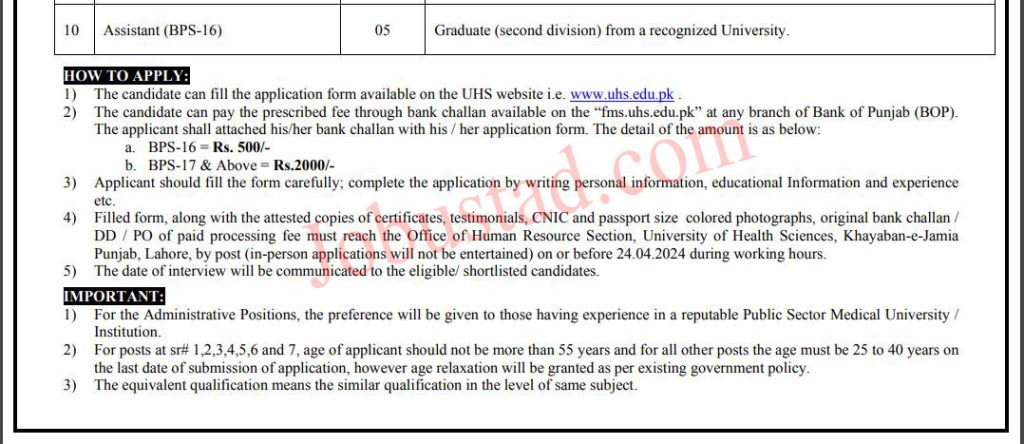 New Assistant Jobs in UHS Lahore April 2024