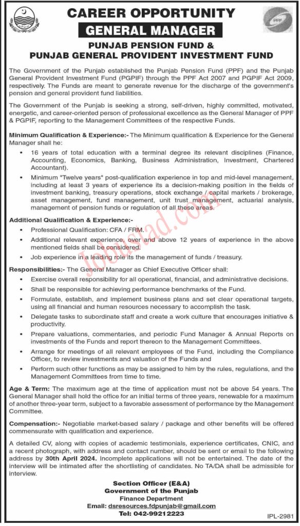 New Finance Department Punjab Jobs in Lahore April 2024