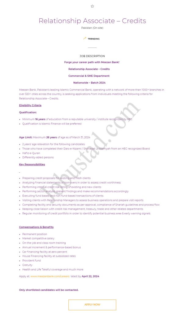 Latest Meezan Bank Limited Jobs in Lahore April 2024 