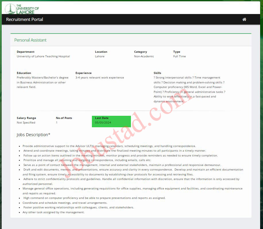 New Personal Assistant Jobs UOL Lahore April 2024 