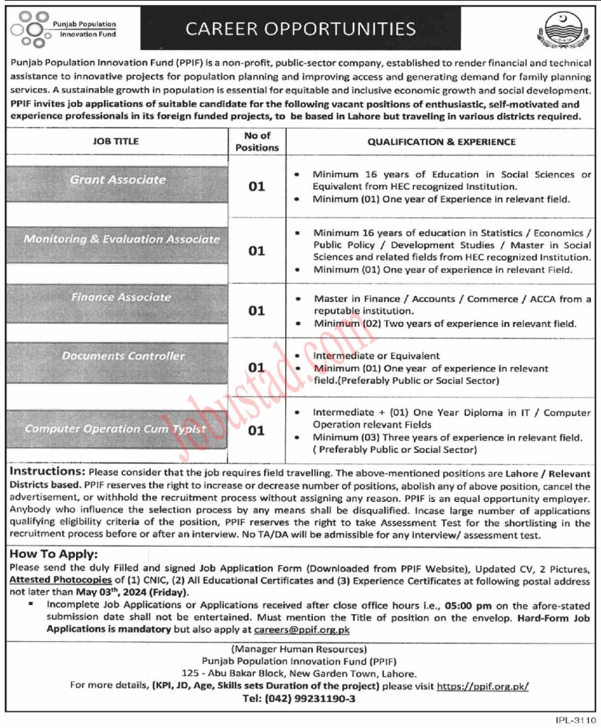 Jobs in Punjab Population Innovation Fund Lahore April 2024