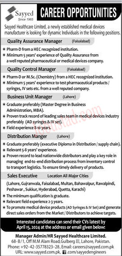 New Sayyed Healthcare Limited Jobs in Lahore April 2024