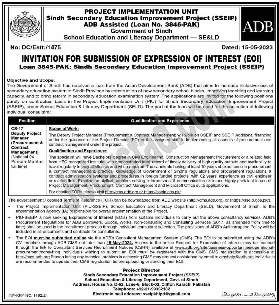 School Education and Literacy Department Sindh Jobs in Karachi April 2024 