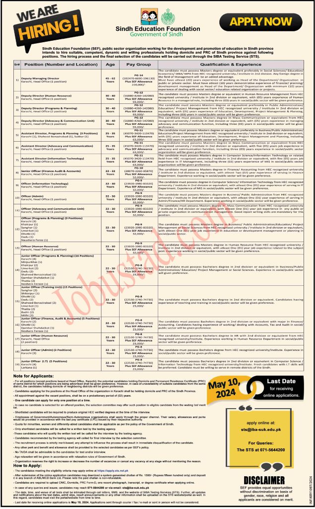 Latest Sindh Education Foundation Jobs in Karachi April 2024