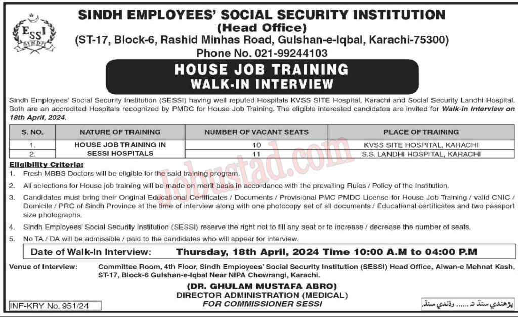 Latest Sindh Employees Social Security Institution Jobs in Karachi April 2024 