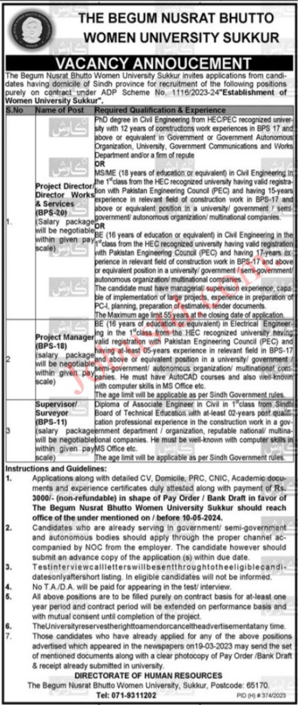 The Begum Nusrat Bhutto Women University Jobs in Sukkur April 2024 