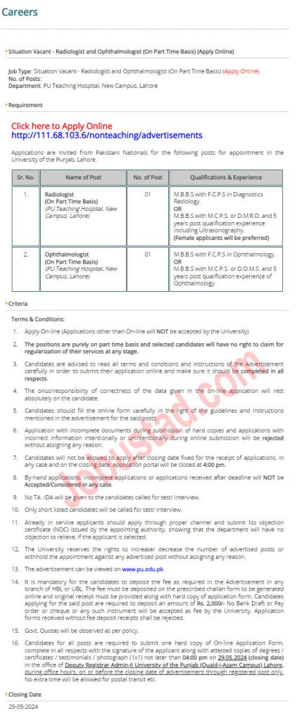 Latest University of Punjab Jobs in Lahore May 2024 