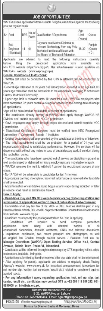 Latest Sub Engineers Jobs in Wapda April 2024